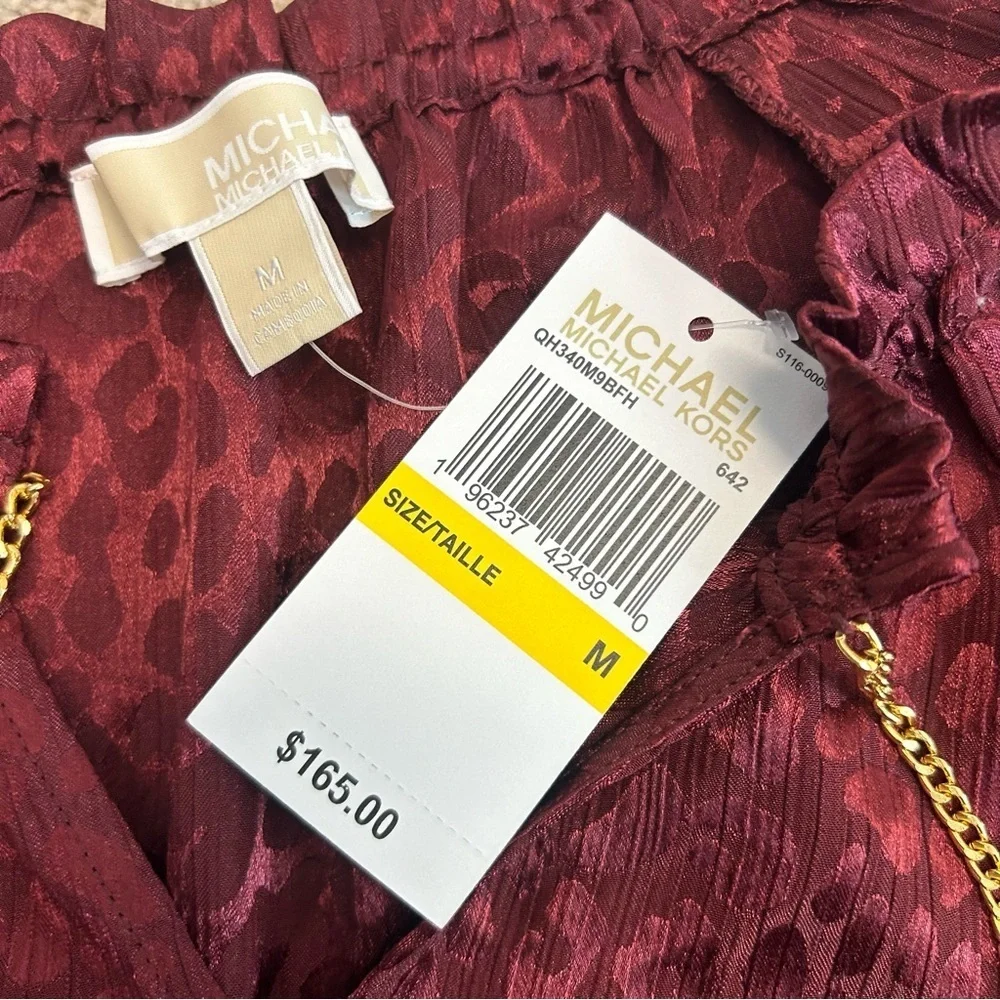 Michael Michael Kors red burgundy leopard cheetah print gold tone chain blouse - Picture 7 of 11
